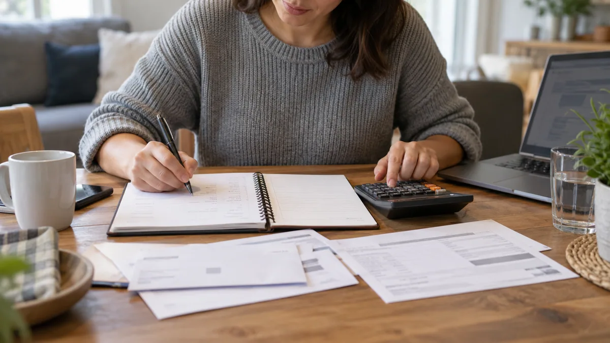 A renter planning monthly housing costs with a calculator and budget notebook