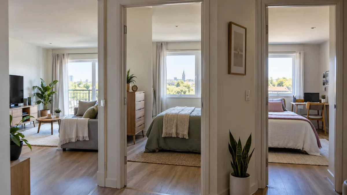 An apartment interior showing two separate bedrooms off a shared hallway