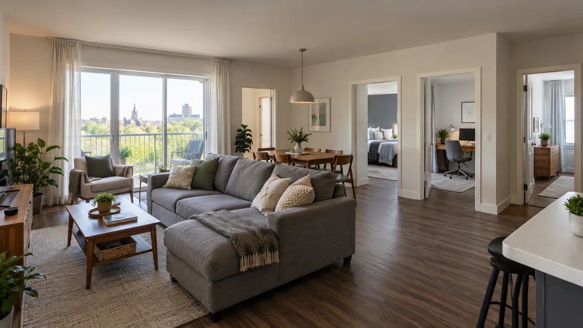 A spacious apartment living area with doors leading to separate rooms