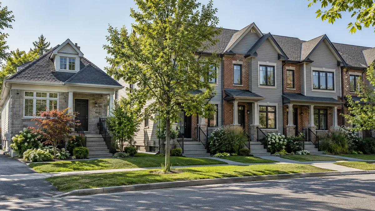 A detached house beside a row of townhouses on a residential street