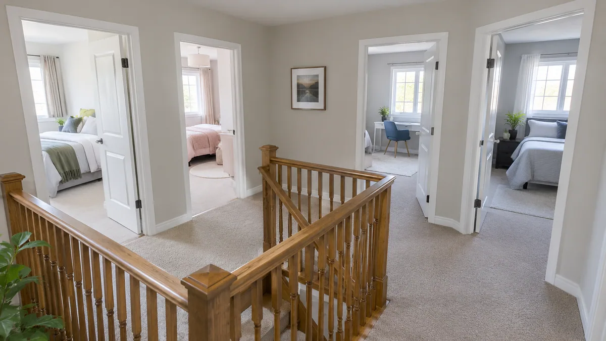 A roomy family-house interior with a staircase and several upstairs room doors