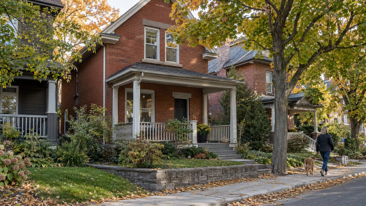 A tree-lined street with a modest detached brick rental-style house