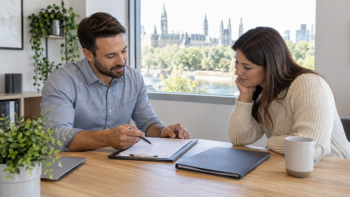 A property manager reviewing a rental application with a prospective tenant