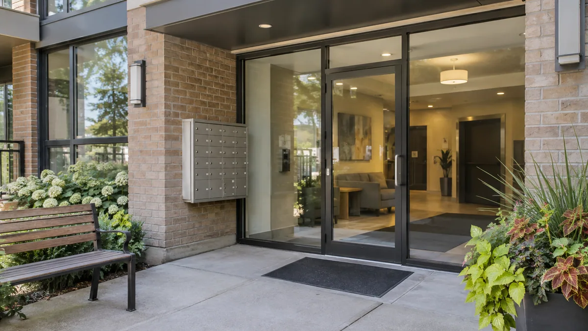 A clean low-rise apartment entrance with mailboxes and a glass entry door