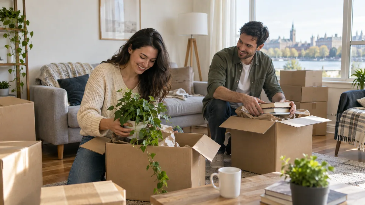 Two people unpacking moving boxes in a bright rental home