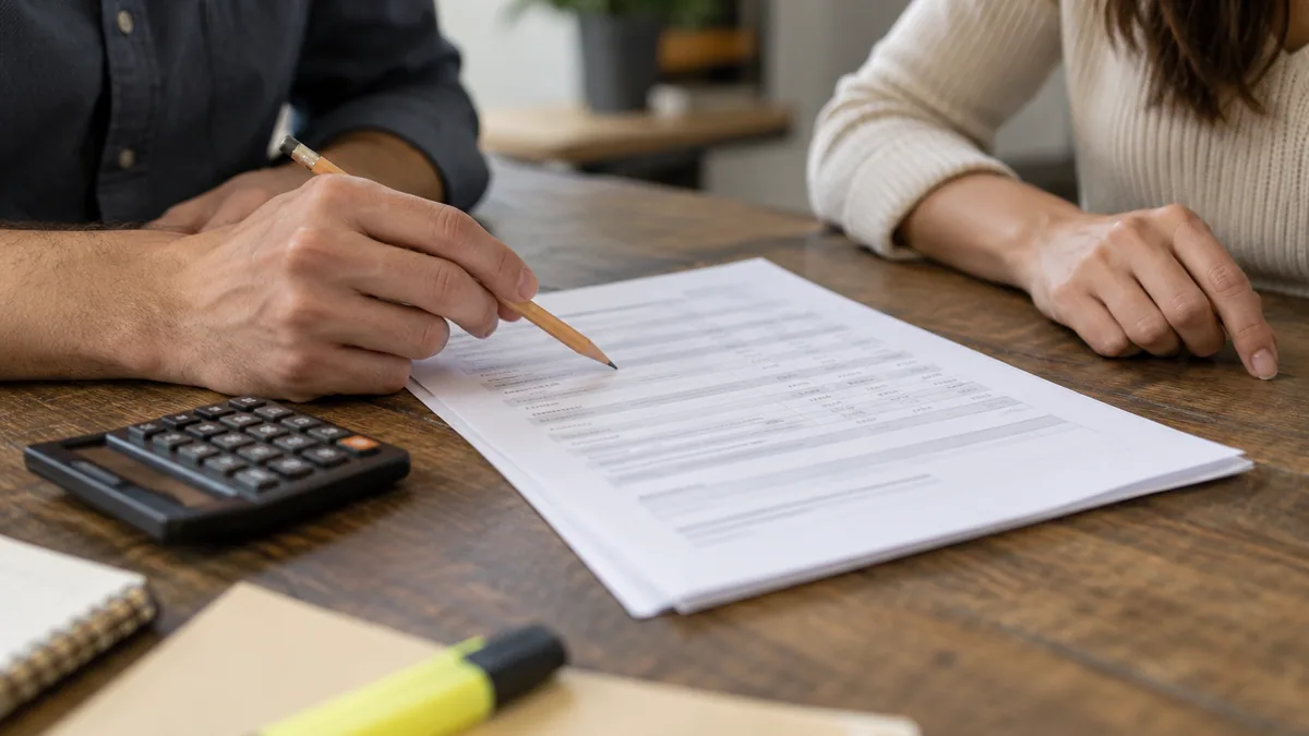 An itemized management proposal being reviewed with a pen and calculator