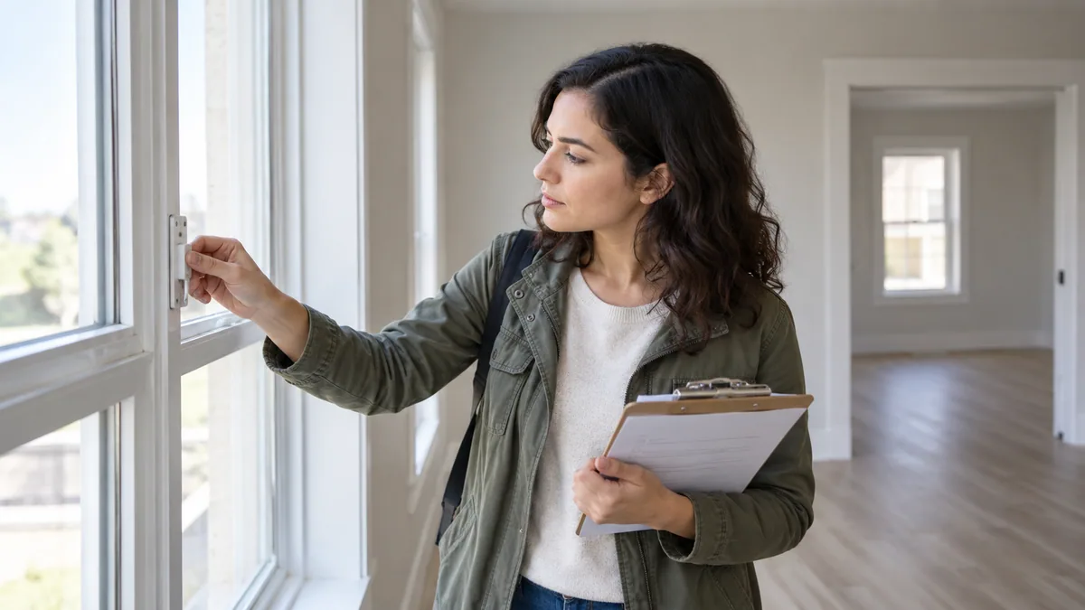 A renter checking a window during a rental viewing while holding a checklist