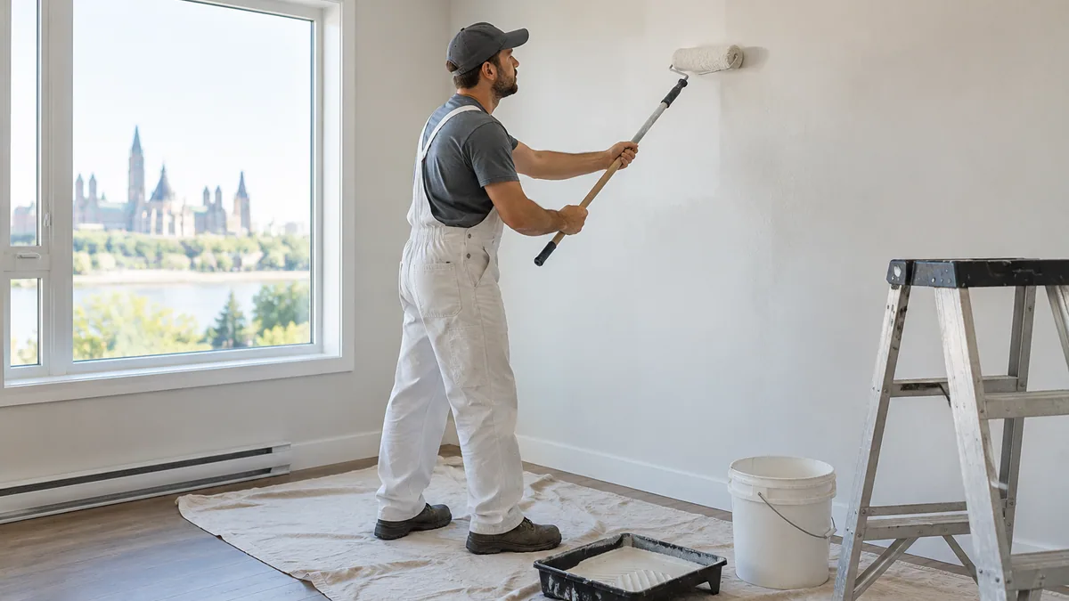 A worker preparing a rental interior by painting a wall