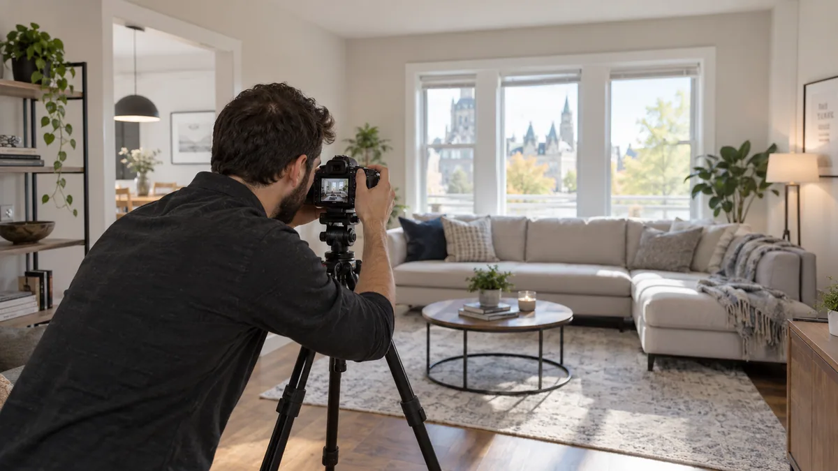 A photographer preparing interior photos of a bright rental living room