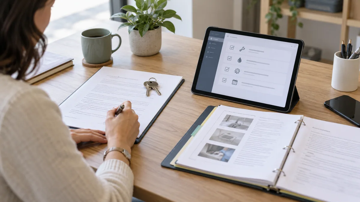 Lease documents and keys beside a tablet with an ongoing property-care checklist