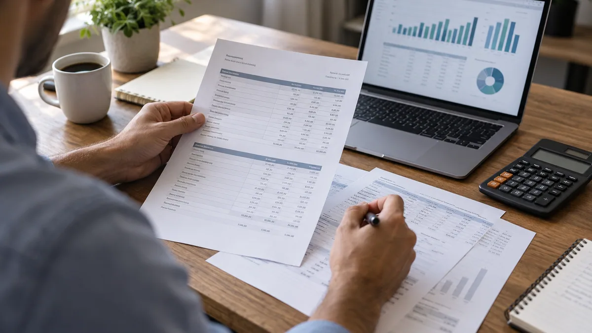 An itemized owner statement and rental expense ledger being reviewed beside a financial overview