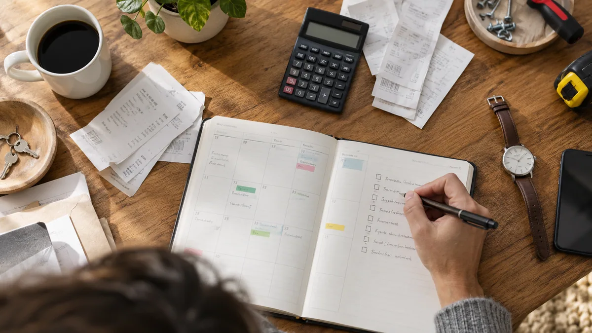 A landlord reviewing a calendar, maintenance list and management costs